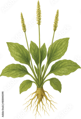 Plantain herb with flowers, isolated botanical style, watercolor style