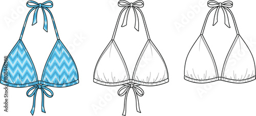 Technical fashion flat sketch template of women's halter triangle bikini top with adjustable neck and back ties, swimwear vector