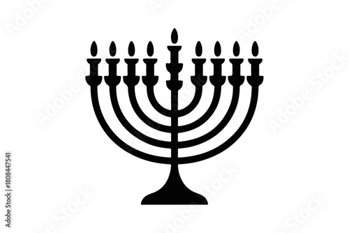 Stylized black menorah icon representing the spirit of Hanukkah, featuring nine candles, ideal for cultural, religious, and holiday-themed designs, set against a crisp white backdrop