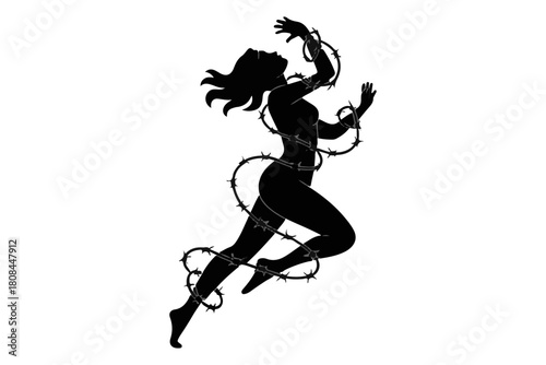 Silhouette of a woman entangled in barbed wire, representing struggle and resilience in adversity