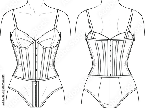 Technical fashion flat sketch of women's longline bustier corset and panty set with boning details and vertical seaming, vector