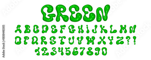 Wavy 3D font featuring liquid letters and numbers with reflective glossy texture displayed in vibrant green color