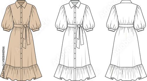 Technical fashion flat sketch of women's midi shirtdress template with belt, puff sleeves, button placket, and tiered ruffle hem, vector