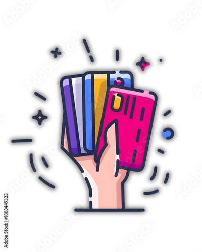 Hand Holding Multiple Credit Cards Illustration, Financial Concept, Digital Graphic, Isolated on White Background, Close-up View