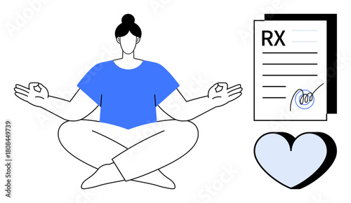Woman in yoga pose meditating next to signed prescription papers and heart shape. Ideal for wellness, mindfulness, self-care, stress relief, mental health, healthcare, personal growth concepts. Clean