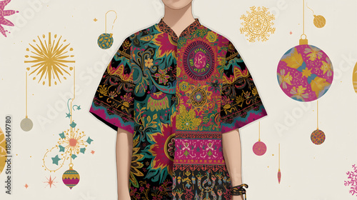 This AI-generated image showcases men’s batik fashion combined with Christmas ornaments, featuring intricate Indonesian motifs blended with festive seasonal decorations for a modern holiday-inspired a