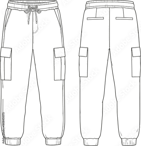 Men's cargo jogger pants technical drawing featuring side pockets, drawstring waist, elastic cuffs, fashion flat sketch vector illustration, isolated.