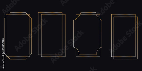 Thin golden frame set. Gold geometric border collection in art deco style. Thin linear shining rectangular shape bundle. Brass glowing shiny