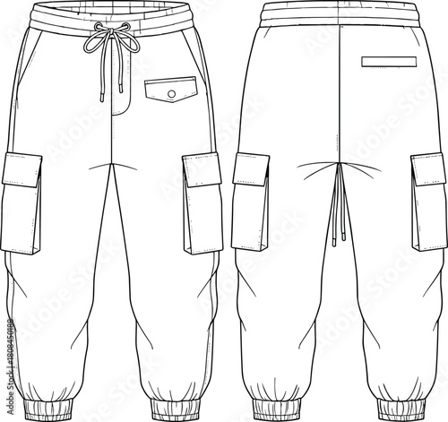 Men's cargo joggers, utility pants, side flap pockets, drawstring waist, elastic cuffs, front back view, cad drawing flat vector illustration.