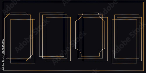 Thin golden frame set. Gold geometric border collection in art deco style. Thin linear shining rectangular shape bundle. Brass glowing shiny