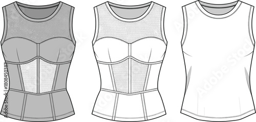 Technical fashion flat sketch template of women's sleeveless top with lace panel, boned corset bodice, peplum waist, and scoop neck, vector