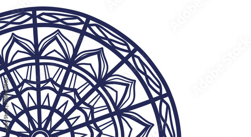 A portion of a detailed, symmetrical, dark blue mandala design on white background.