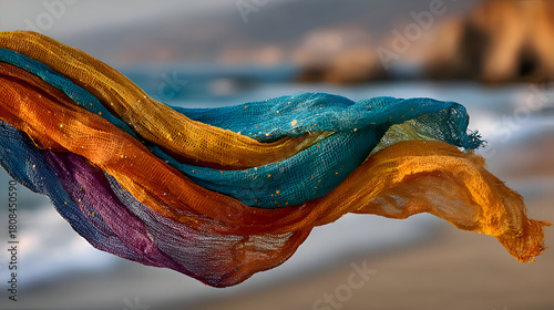 Fototapeta Naklejka Na Ścianę i Meble -  Flowing Colorful Fabric on Beach, Vibrant Scarf in Motion
