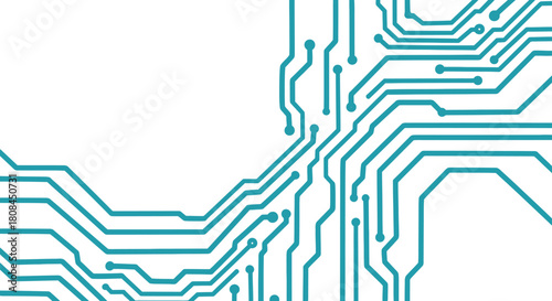 Abstract illustration of a circuit board pattern with teal lines against a white background.