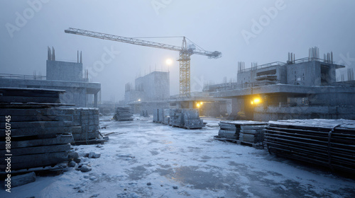 Professional and Realistic Depiction of a Snowy Construction Site with Crane and Building Materials in Cold Weather Conditions