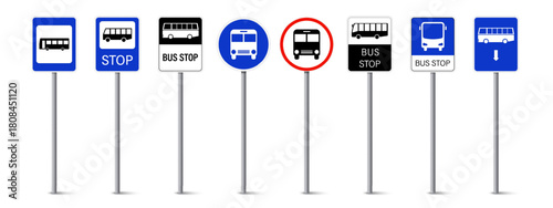 Set of bus stop signs. Bus stop road sign. Traffic bus stop symbol. Street road symbol.