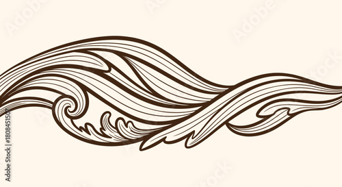 Ornate decorative element featuring swirling lines and leaf-like shapes in a horizontal design.