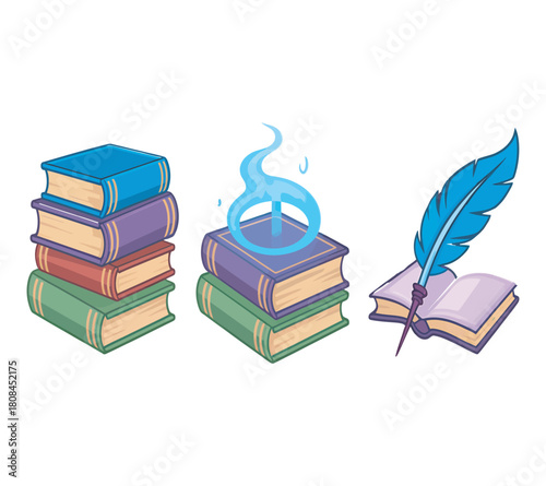 Stacked books, magic spell tome with glowing symbol, open book with feather quill writing