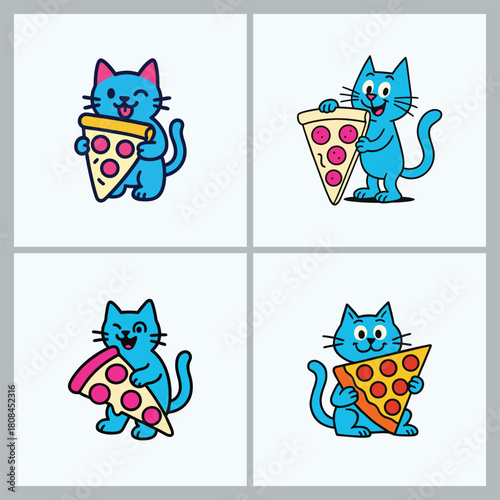 unny Cats with Pizza, Humorous set of blue cats posing with oversized pizza slices in bold, colorful outlines. Great for pizzeria branding, stickers, kids menus, and fun social content