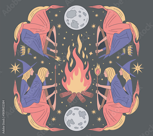 Mystical witch coven gathering under celestial night sky with campfire and full moons, symmetry.