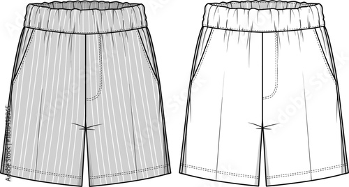 Technical fashion flat sketch template of unisex pull-on shorts with elastic waist, side pockets, vertical stripe pattern, vector
