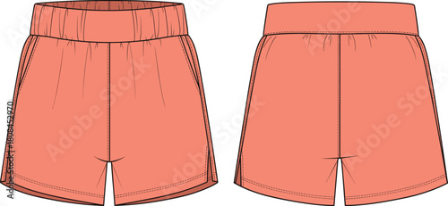 Technical fashion flat sketch template of women's running shorts with wide elastic waistband, side slit detail, front and back vector
