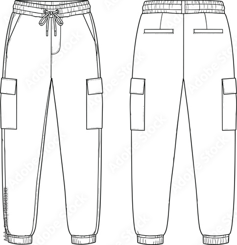 Men's cargo jogger pants technical fashion flat sketch, front and back view with pockets, cad drawing flat vector illustration template.
