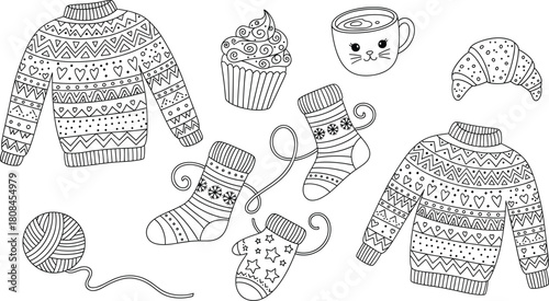 Set of Cozy Winter Doodle Vector Illustration, Hand Drawn Sweater, Socks, and Holiday Treats.