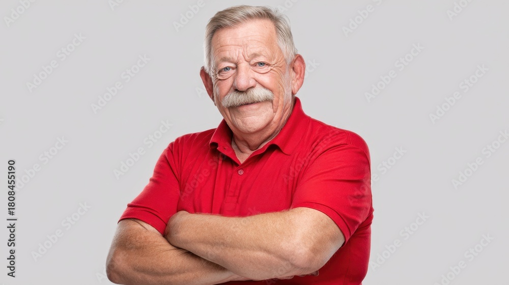 Obraz premium A cheerful older man with a white mustache stands confidently with his arms crossed. He wears a vibrant red shirt and exudes a friendly and approachable demeanor.