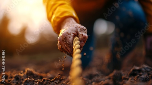 A close-up of a muddy hand gripping a rope, pulling with effort against a blurred outdoor background during sunset or sunrise.