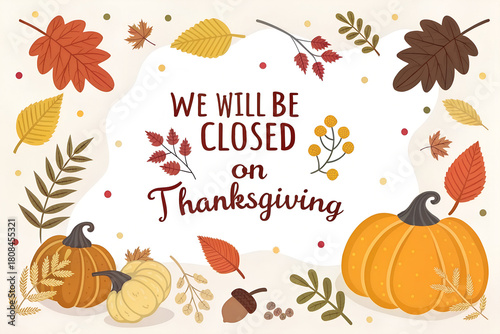 Thanksgiving Closed Sign with Pumpkins and Fall Wreath Illustration