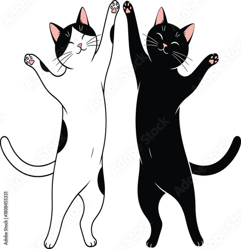 Cute Black and White Cats Doing High Five Vector Illustration, Teamwork and Celebration.
