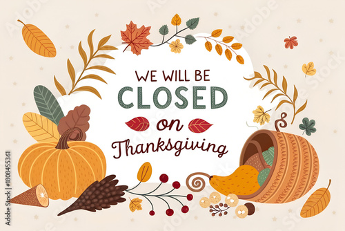Thanksgiving Closed Sign with Pumpkins and Fall Wreath Illustration