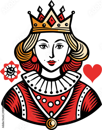 queen playing card of Hearts suit in vintage engraving drawing stile stock illustration  white background