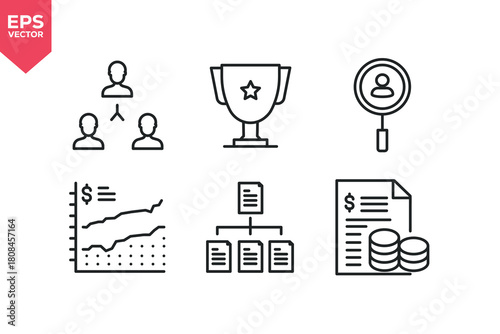 Set of line icons related to trophy, teamwork, recruitment, financial chart, document hierarchy.  Editable stroke. Vector illustration