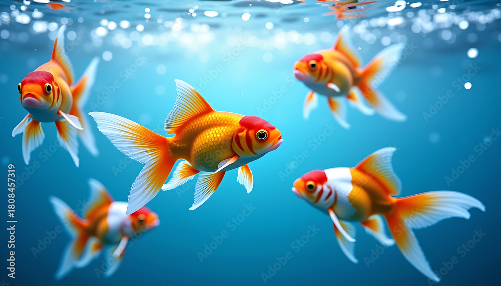 Fototapeta premium Goldfish Swimming Underwater with Sunlight and Air Bubbles