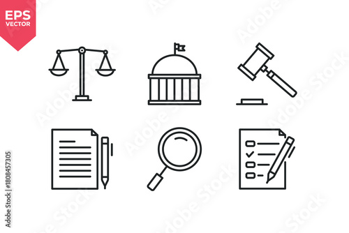 Set of line icons related to scales of justice, law house, judgment, legal document, magnifying glass, compliance.  Editable stroke. Vector illustration