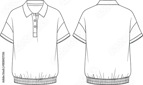 Polo shirt technical fashion illustration, short sleeve top with elastic waist, flat sketch vector template, front and back view, cad drawing flat vector illustrationV
