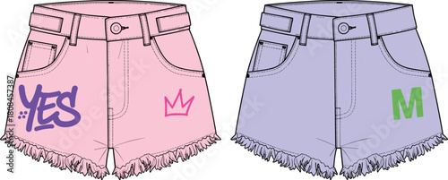 Set of pink and lilac denim shorts with frayed hems and graffiti, cad drawing flat vector illustration for fashion design templates.