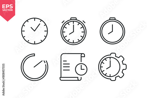 Set of line icons related to time, alarm, timer, schedule, hourglass.  Editable stroke. Vector illustration