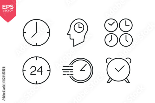 Set of line icons related to time, alarm, timer, schedule, hourglass.  Editable stroke. Vector illustration