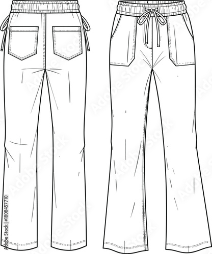 Straight leg pants with drawstring waist, patch pockets, fashion flat set, front, back view, technical drawing, vector template for apparel design, CAD.