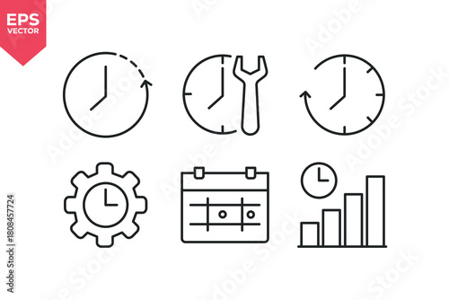Set of line icons related to time, alarm, timer, schedule, hourglass.  Editable stroke. Vector illustration