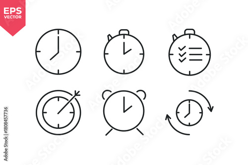 Set of line icons related to time, alarm, timer, schedule, hourglass.  Editable stroke. Vector illustration