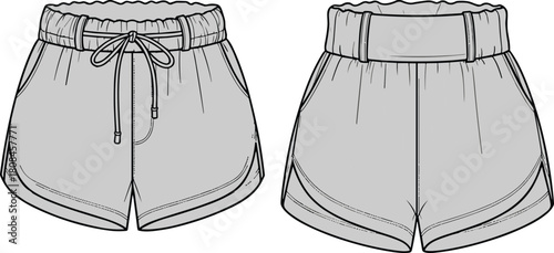 Sporty runner shorts technical drawing, elastic paperbag waistband with drawstring, curved hem design, fashion flat sketch, cad drawing flat vector illustration.