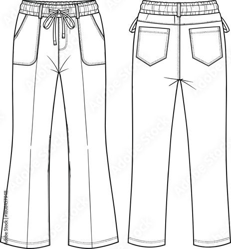 Wide leg flare pants, drawstring elastic waist, patch pockets, fashion flat set, front, back view, technical drawing, vector template for apparel.