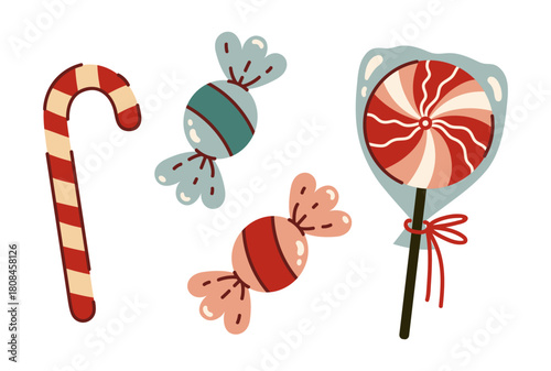 Tasty sweets vector set. Round lollipop with a spiral pattern, Christmas candy cane, sucking hard candies in wrapper. Treats, holiday dessert. Confectionery, caramel on a stick. Hand drawn clip art