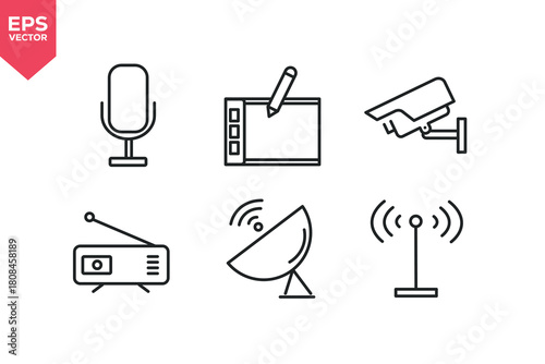 Set of line icons related to studio microphone, graphics tablet, CCTV, radio, satellite dish, antenna.  Editable stroke. Vector illustration