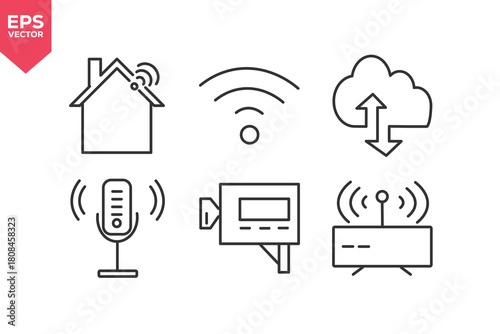 Set of line icons related to smart home, wireless signal, cloud storage, wireless microphone, speed camera, wireless router.  Editable stroke. Vector illustration