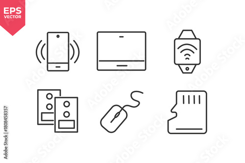 Set of line icons related to ringing phone, tablet, wireless smartwatch, external hard drive, wired computer mouse, SD memory card.  Editable stroke. Vector illustration